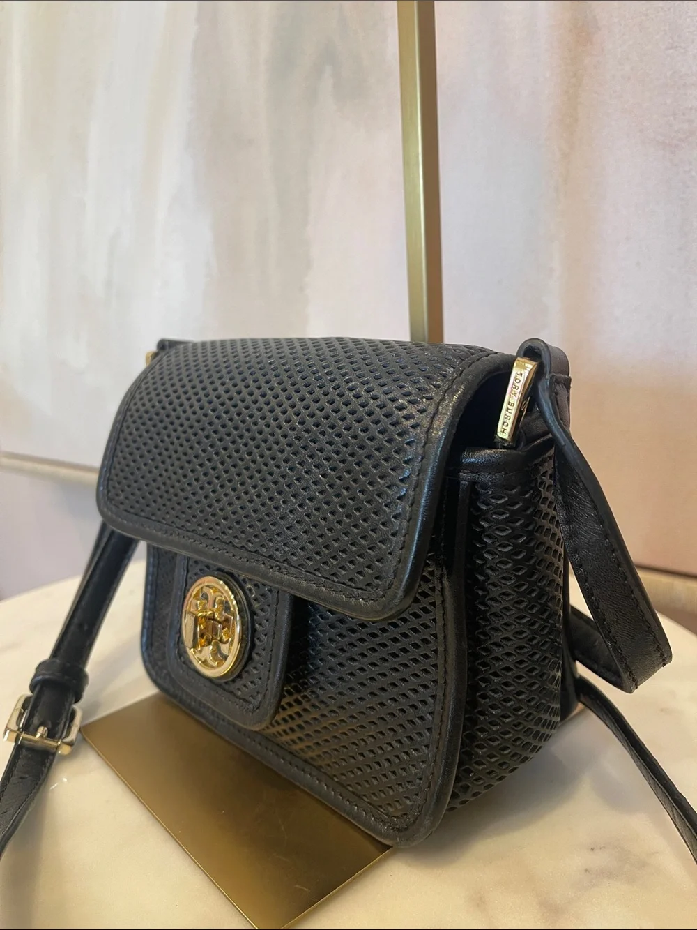 Tory Burch Black Perforated Leather Crossbody with Gold Logo